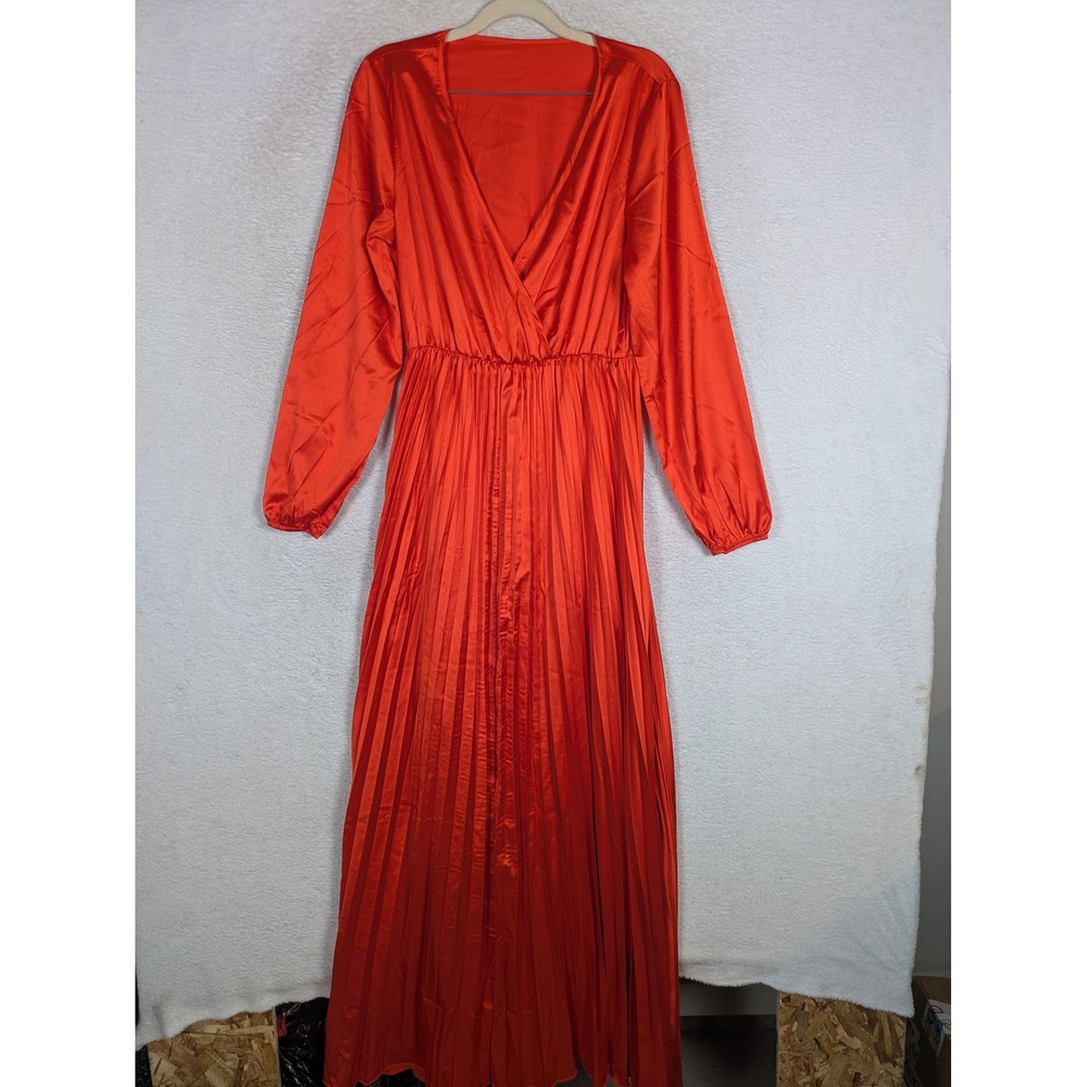 Maxi Dress Women's Large Red Orange Pleated Surplice V-Neck Long Sleeve Satin